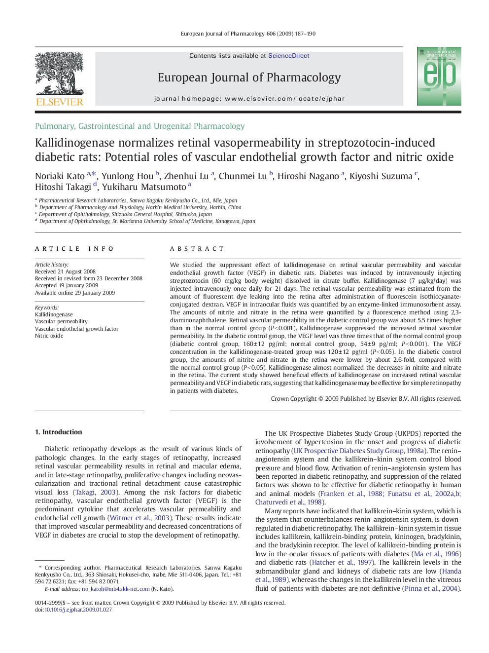 Kallidinogenase normalizes retinal vasopermeability in streptozotocin-induced diabetic rats: Potential roles of vascular endothelial growth factor and nitric oxide