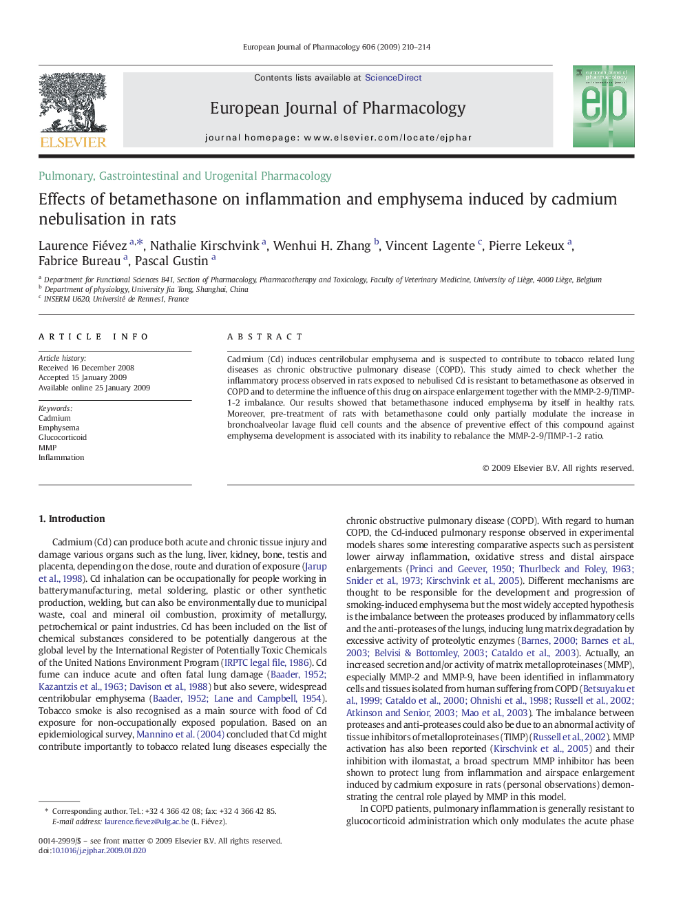 Effects of betamethasone on inflammation and emphysema induced by cadmium nebulisation in rats