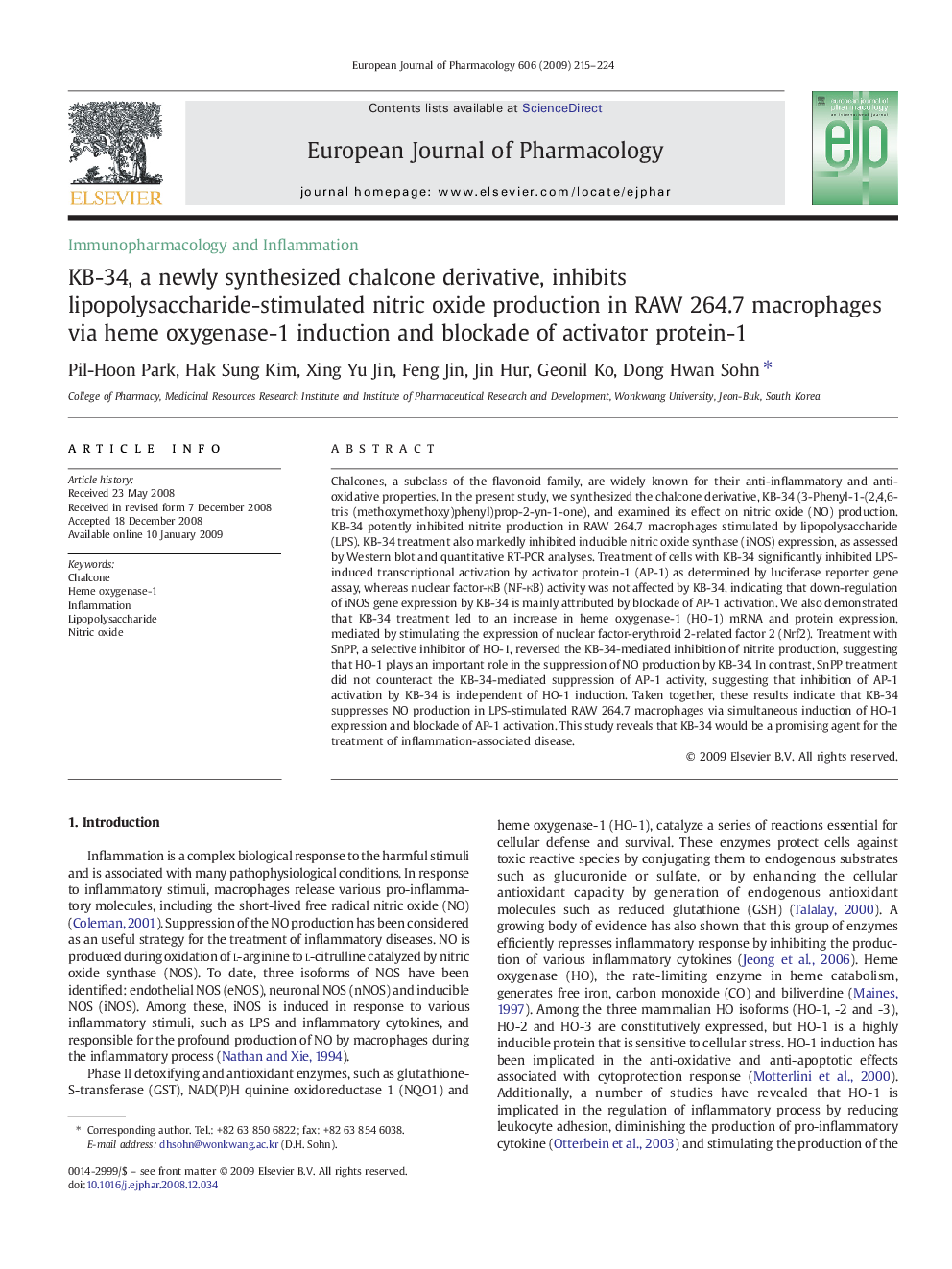 KB-34, a newly synthesized chalcone derivative, inhibits lipopolysaccharide-stimulated nitric oxide production in RAW 264.7 macrophages via heme oxygenase-1 induction and blockade of activator protein-1