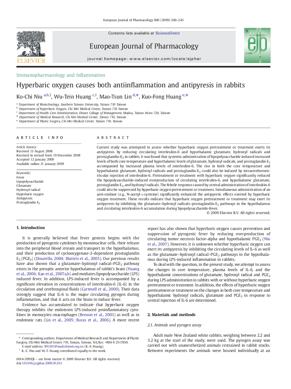 Hyperbaric oxygen causes both antiinflammation and antipyresis in rabbits