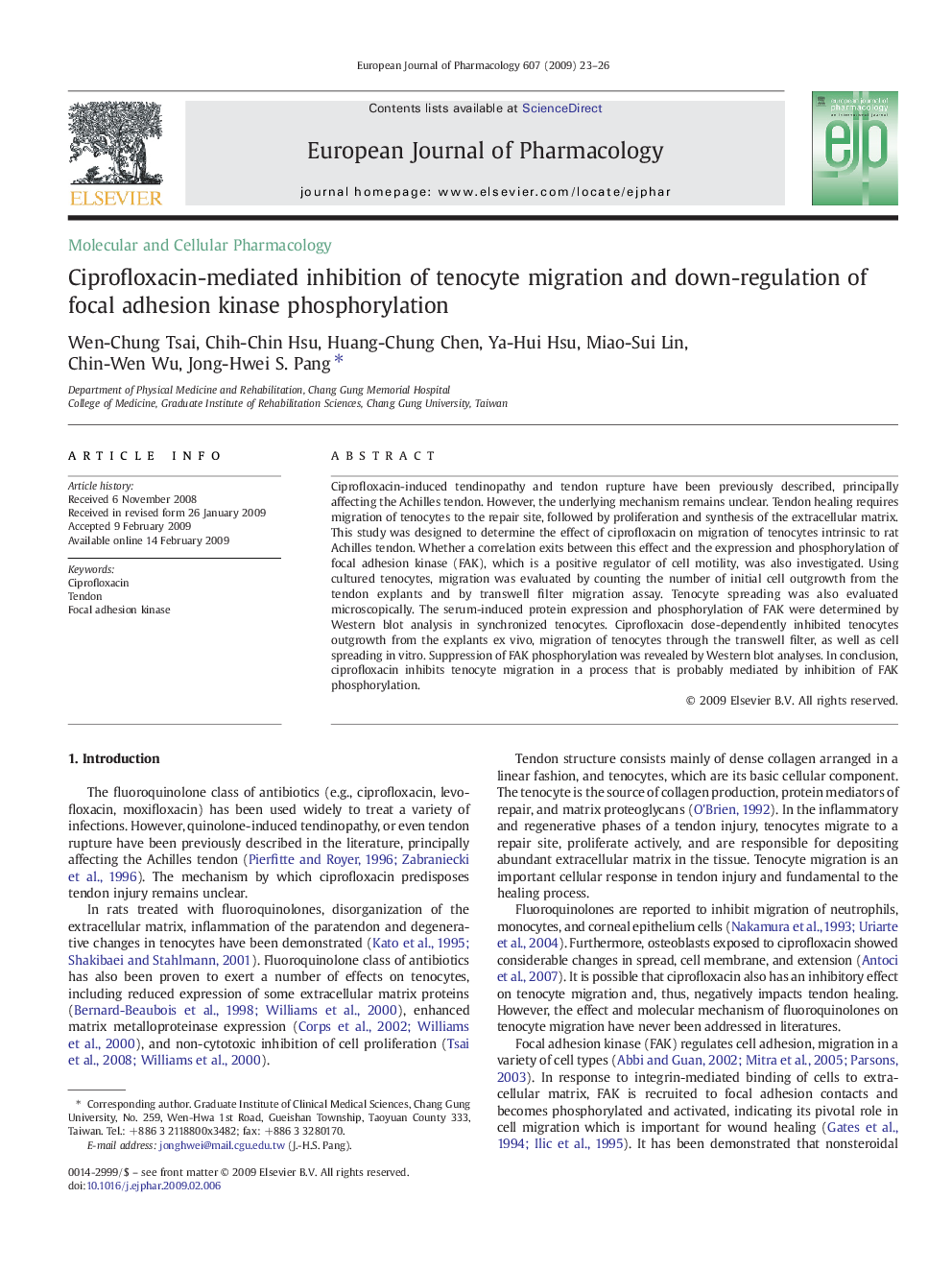 Ciprofloxacin-mediated inhibition of tenocyte migration and down-regulation of focal adhesion kinase phosphorylation