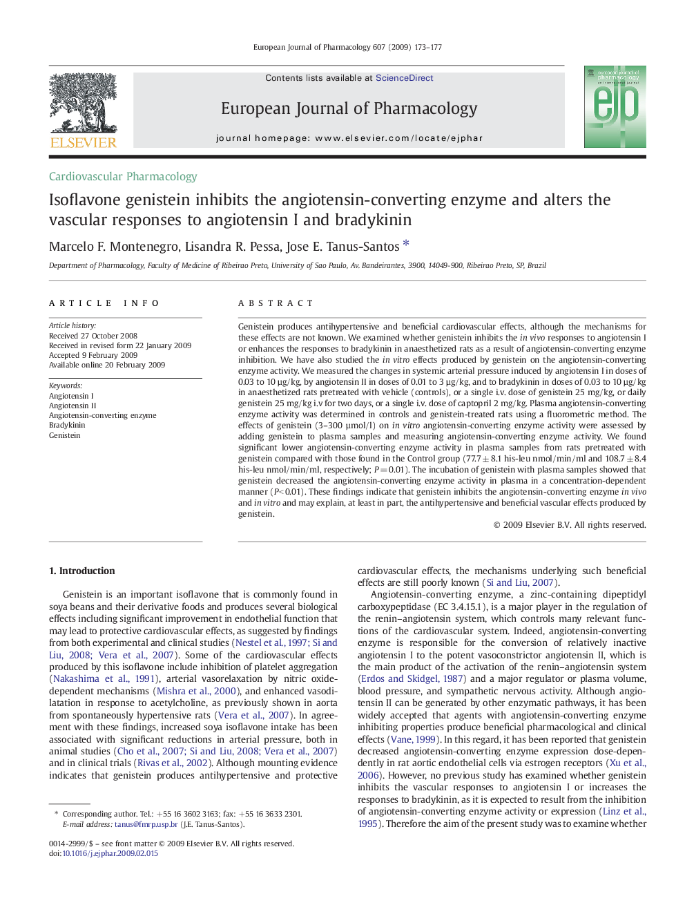 Isoflavone genistein inhibits the angiotensin-converting enzyme and alters the vascular responses to angiotensin I and bradykinin