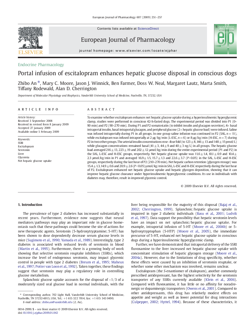 Portal infusion of escitalopram enhances hepatic glucose disposal in conscious dogs