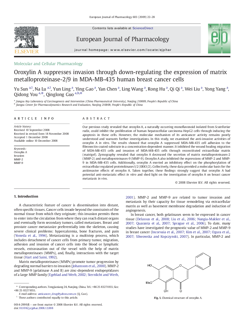 Oroxylin A suppresses invasion through down-regulating the expression of matrix metalloproteinase-2/9 in MDA-MB-435 human breast cancer cells