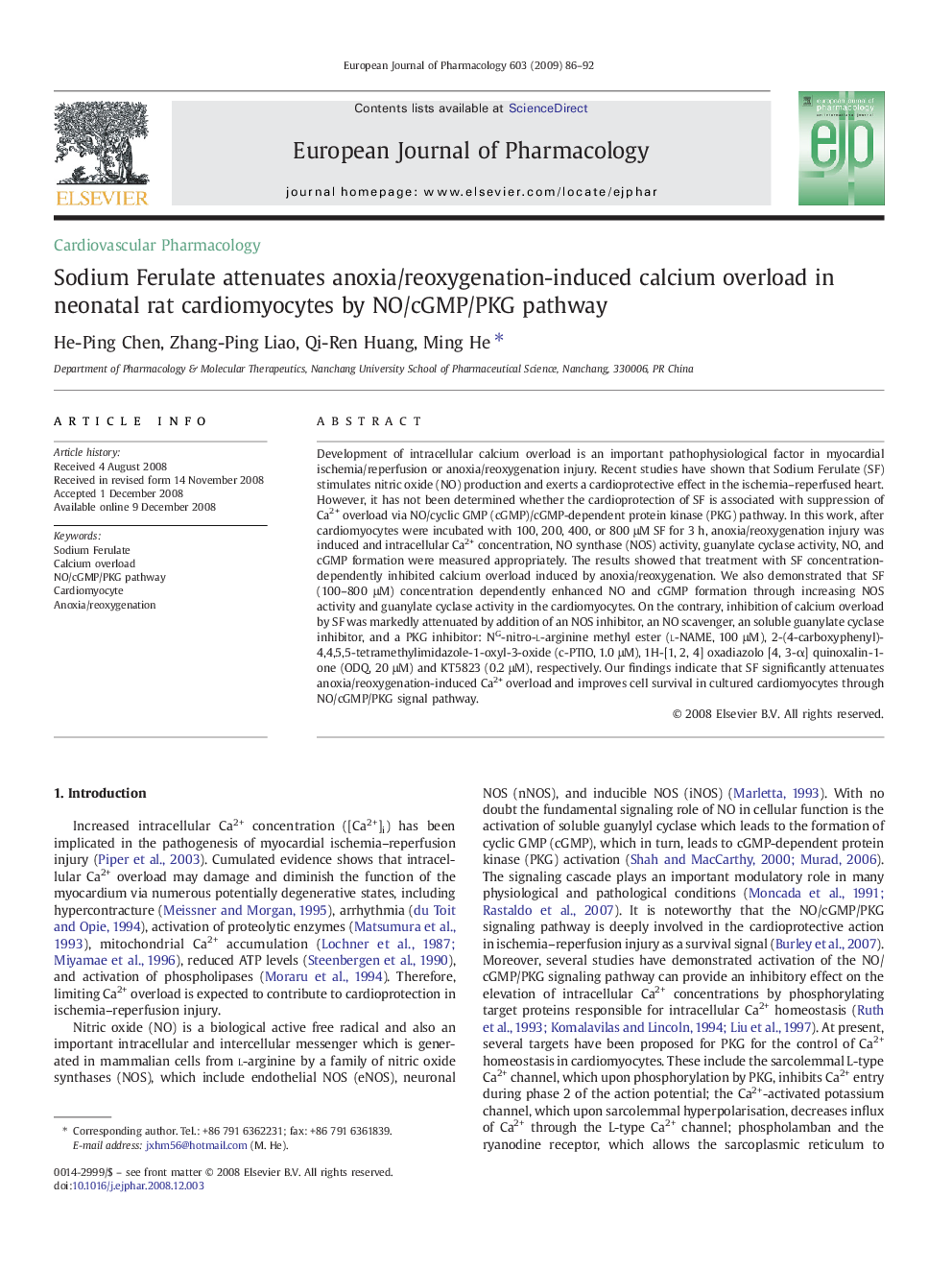 Sodium Ferulate attenuates anoxia/reoxygenation-induced calcium overload in neonatal rat cardiomyocytes by NO/cGMP/PKG pathway