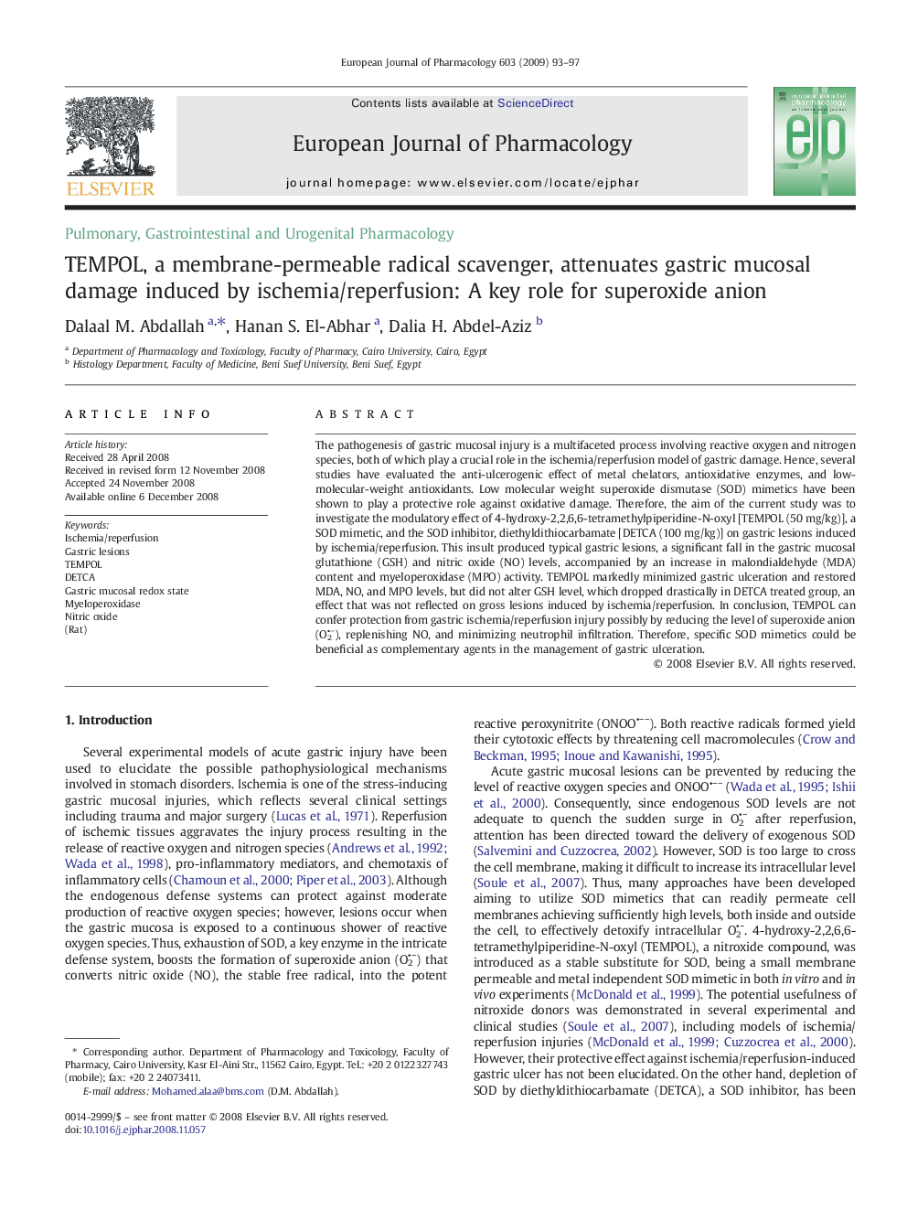 TEMPOL, a membrane-permeable radical scavenger, attenuates gastric mucosal damage induced by ischemia/reperfusion: A key role for superoxide anion