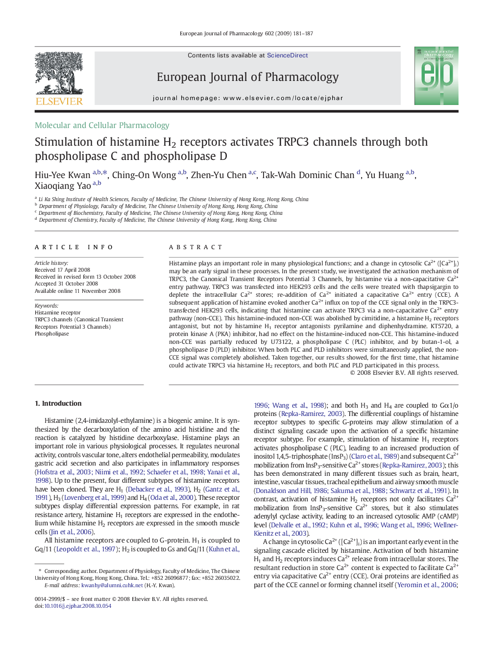 Stimulation of histamine H2 receptors activates TRPC3 channels through both phospholipase C and phospholipase D