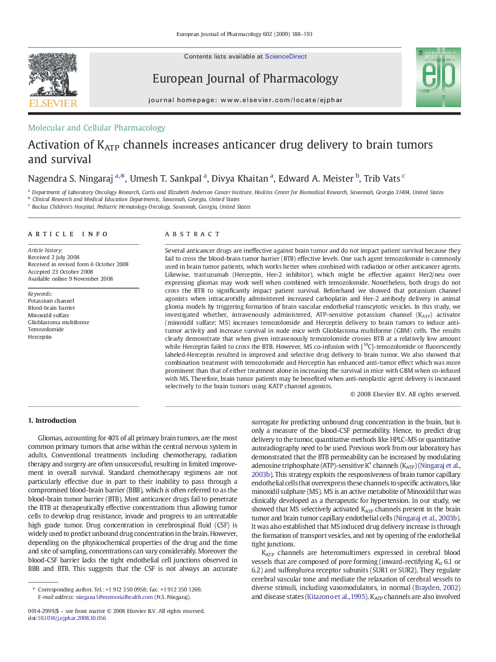 Activation of KATP channels increases anticancer drug delivery to brain tumors and survival