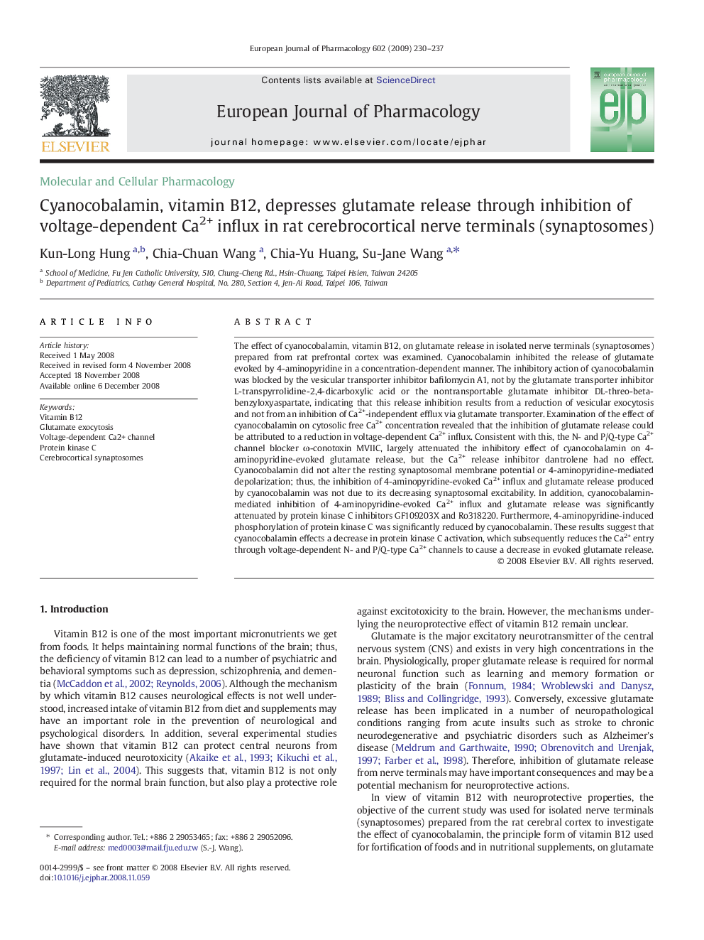 Cyanocobalamin, vitamin B12, depresses glutamate release through inhibition of voltage-dependent Ca2+ influx in rat cerebrocortical nerve terminals (synaptosomes)