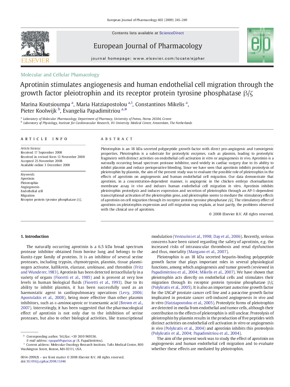 Aprotinin stimulates angiogenesis and human endothelial cell migration through the growth factor pleiotrophin and its receptor protein tyrosine phosphatase β/ζ