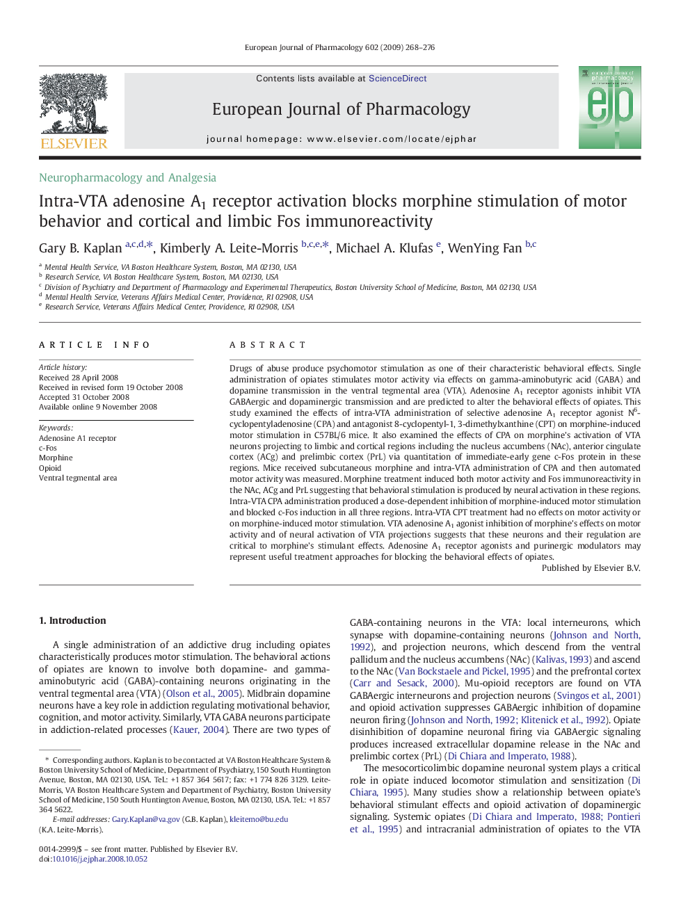 Intra-VTA adenosine A1 receptor activation blocks morphine stimulation of motor behavior and cortical and limbic Fos immunoreactivity