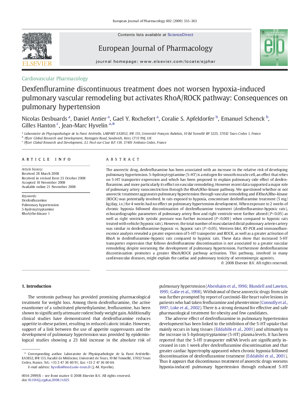 Dexfenfluramine discontinuous treatment does not worsen hypoxia-induced pulmonary vascular remodeling but activates RhoA/ROCK pathway: Consequences on pulmonary hypertension