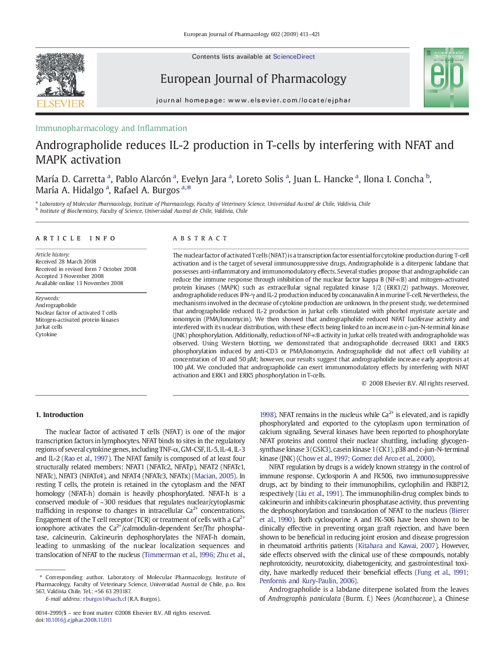 Andrographolide reduces IL-2 production in T-cells by interfering with NFAT and MAPK activation