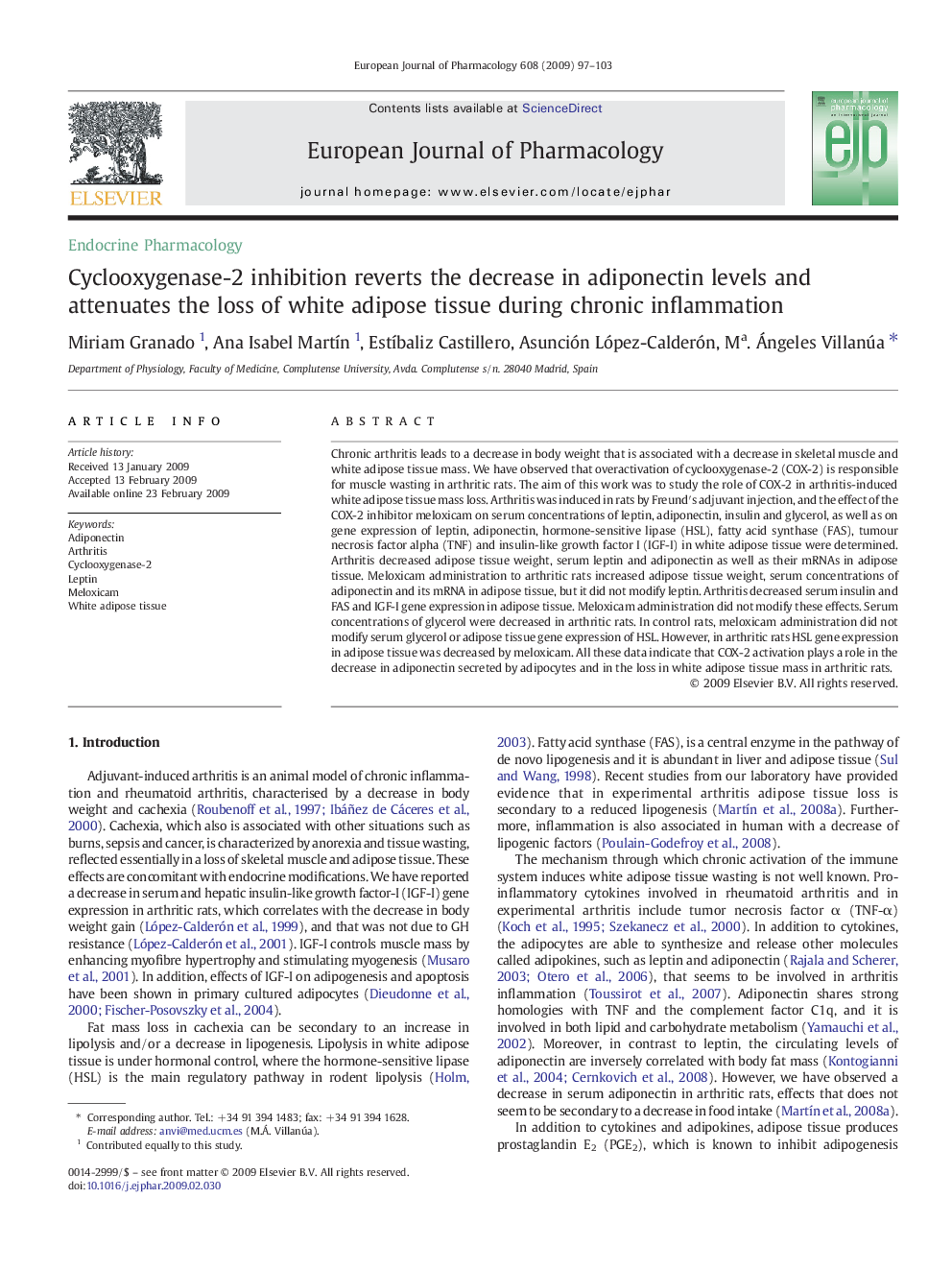 Cyclooxygenase-2 inhibition reverts the decrease in adiponectin levels and attenuates the loss of white adipose tissue during chronic inflammation