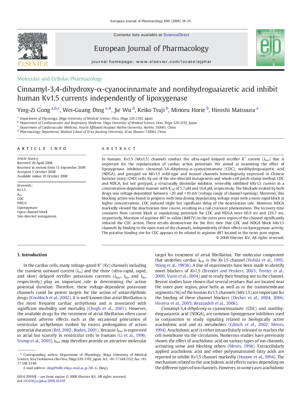 Cinnamyl-3,4-dihydroxy-α-cyanocinnamate and nordihydroguaiaretic acid inhibit human Kv1.5 currents independently of lipoxygenase