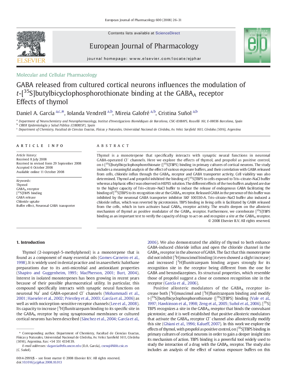 GABA released from cultured cortical neurons influences the modulation of t-[35S]butylbicyclophosphorothionate binding at the GABAA receptor: Effects of thymol