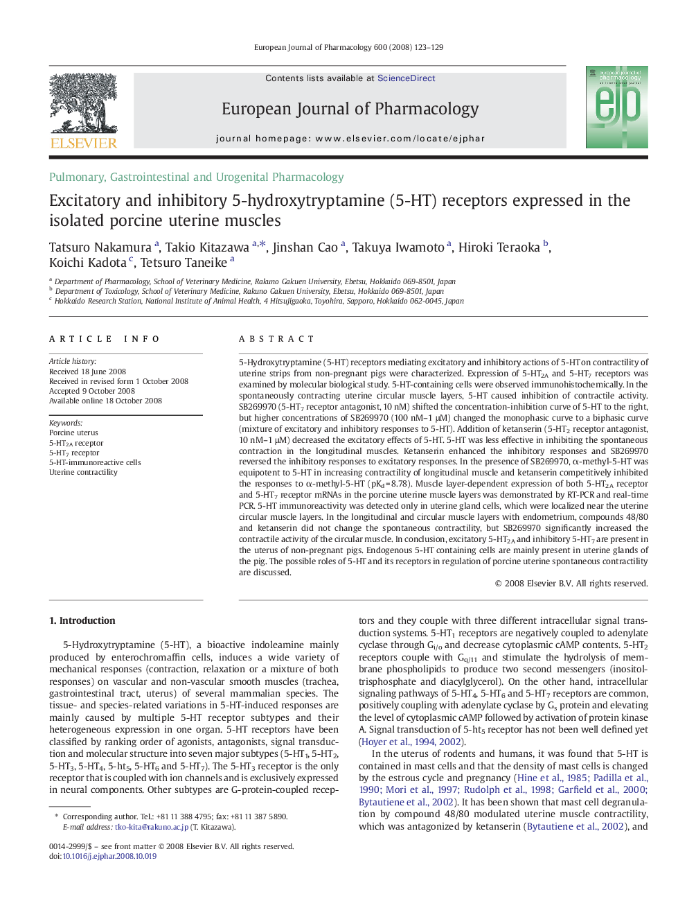 Excitatory and inhibitory 5-hydroxytryptamine (5-HT) receptors expressed in the isolated porcine uterine muscles