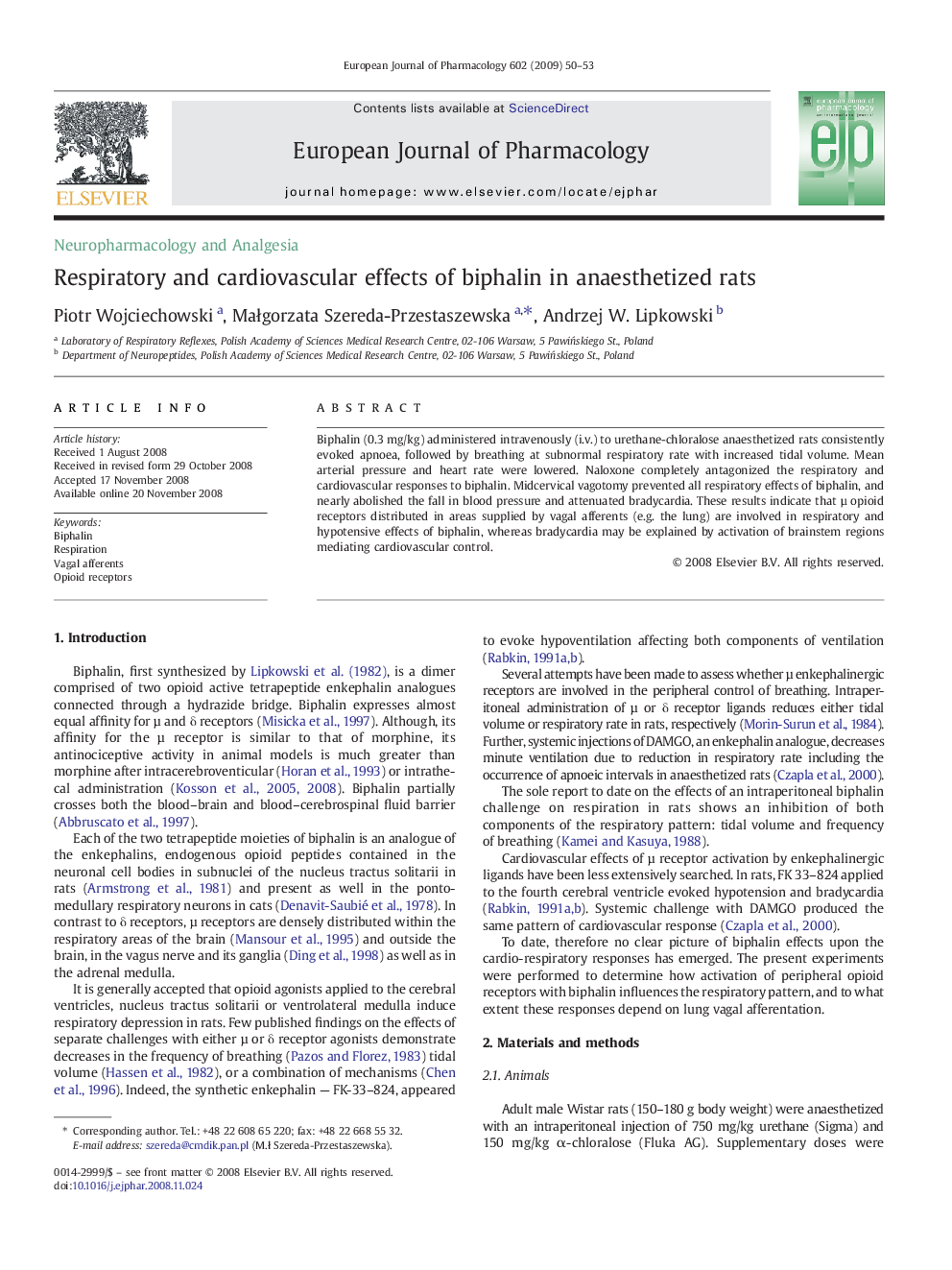 Respiratory and cardiovascular effects of biphalin in anaesthetized rats