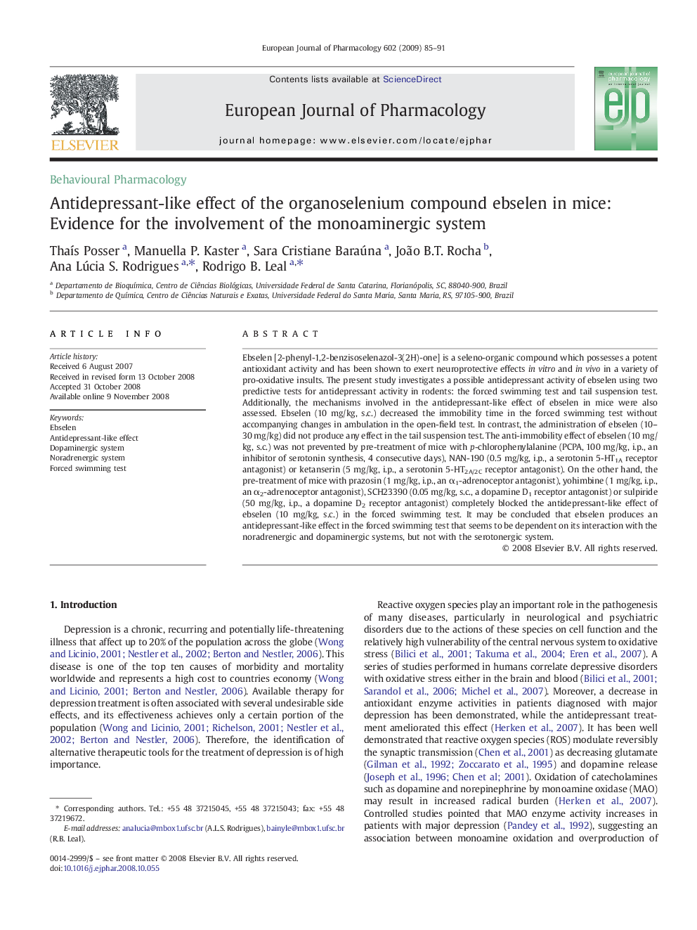 Antidepressant-like effect of the organoselenium compound ebselen in mice: Evidence for the involvement of the monoaminergic system