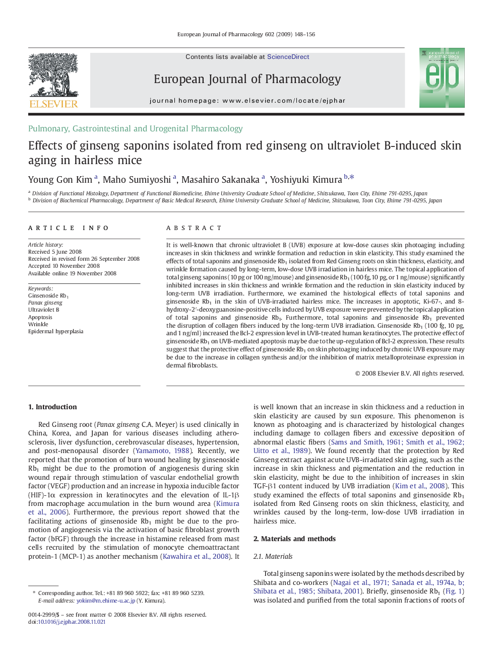 Effects of ginseng saponins isolated from red ginseng on ultraviolet B-induced skin aging in hairless mice