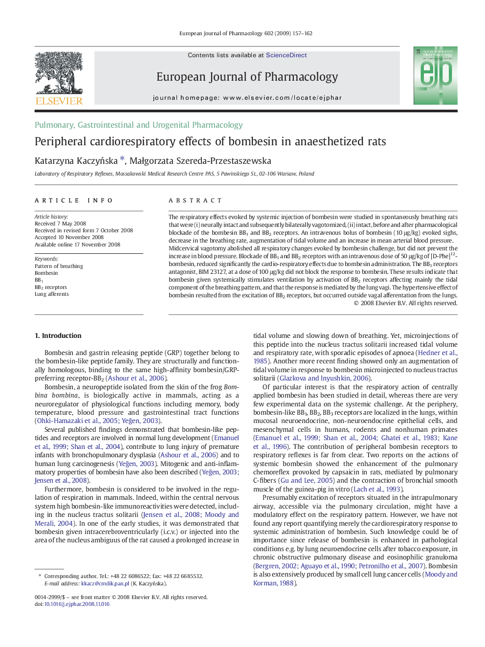 Peripheral cardiorespiratory effects of bombesin in anaesthetized rats