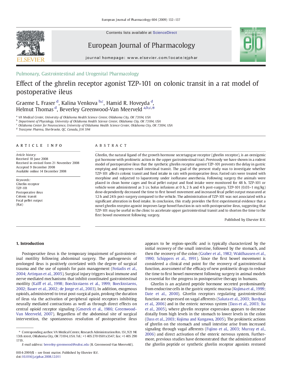 Effect of the ghrelin receptor agonist TZP-101 on colonic transit in a rat model of postoperative ileus