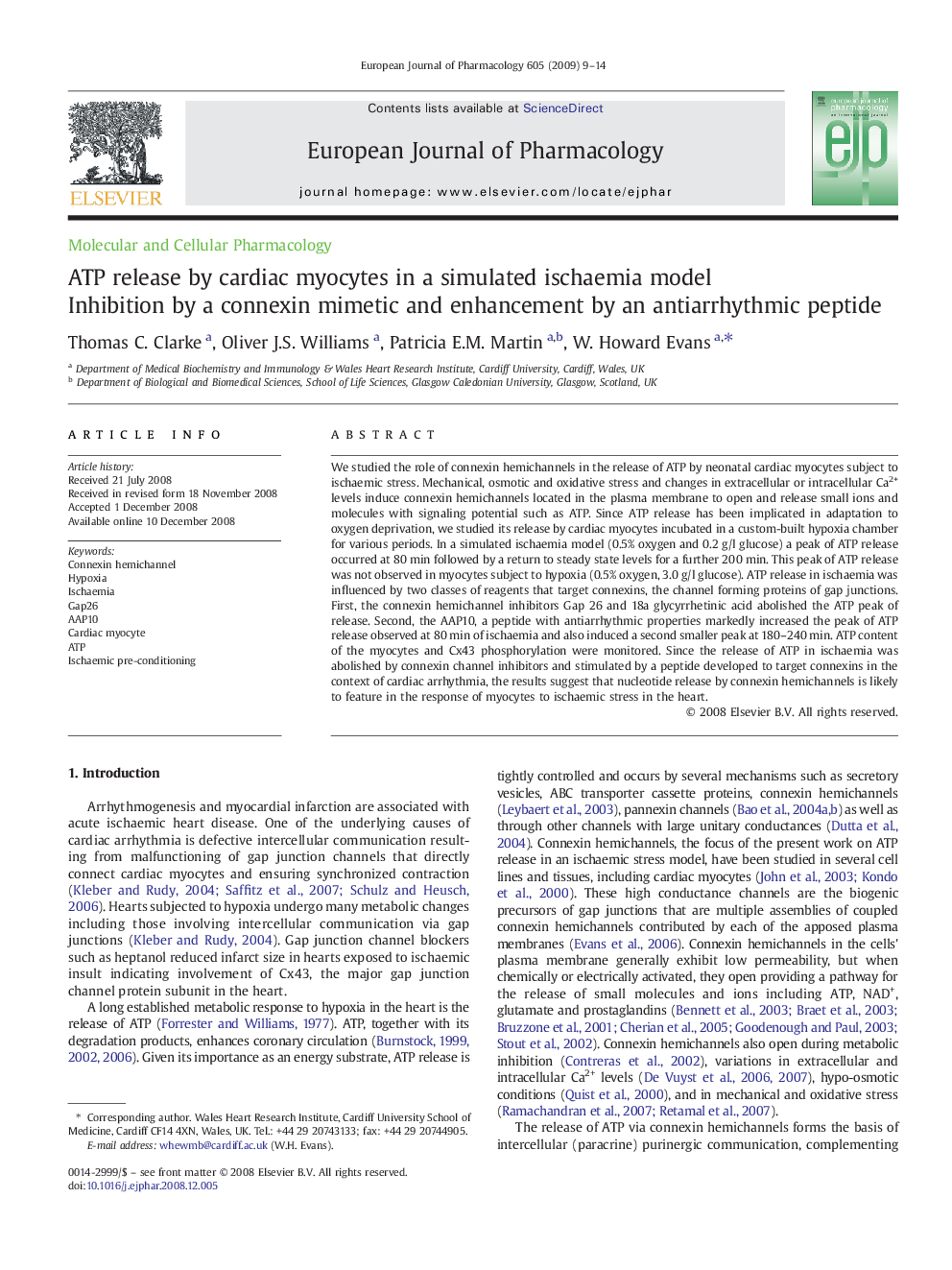 ATP release by cardiac myocytes in a simulated ischaemia model: Inhibition by a connexin mimetic and enhancement by an antiarrhythmic peptide