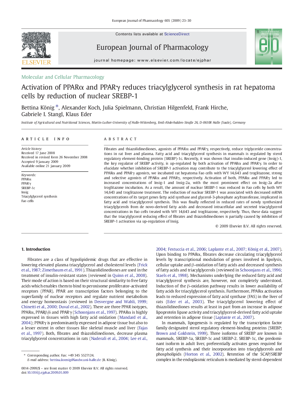 Activation of PPARα and PPARγ reduces triacylglycerol synthesis in rat hepatoma cells by reduction of nuclear SREBP-1