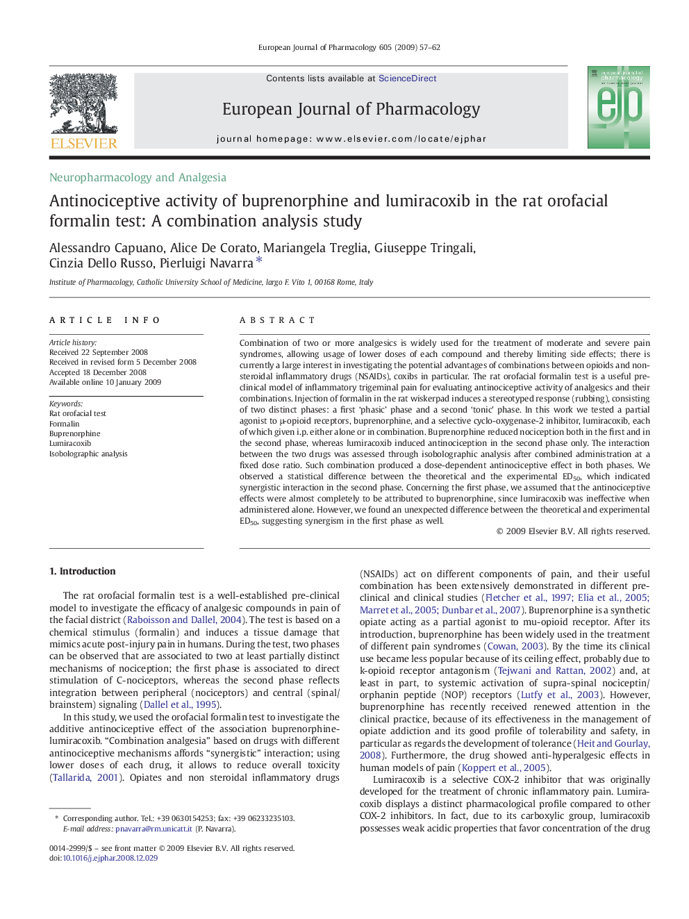 Antinociceptive activity of buprenorphine and lumiracoxib in the rat orofacial formalin test: A combination analysis study