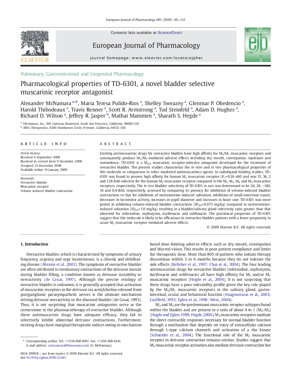 Pharmacological properties of TD-6301, a novel bladder selective muscarinic receptor antagonist