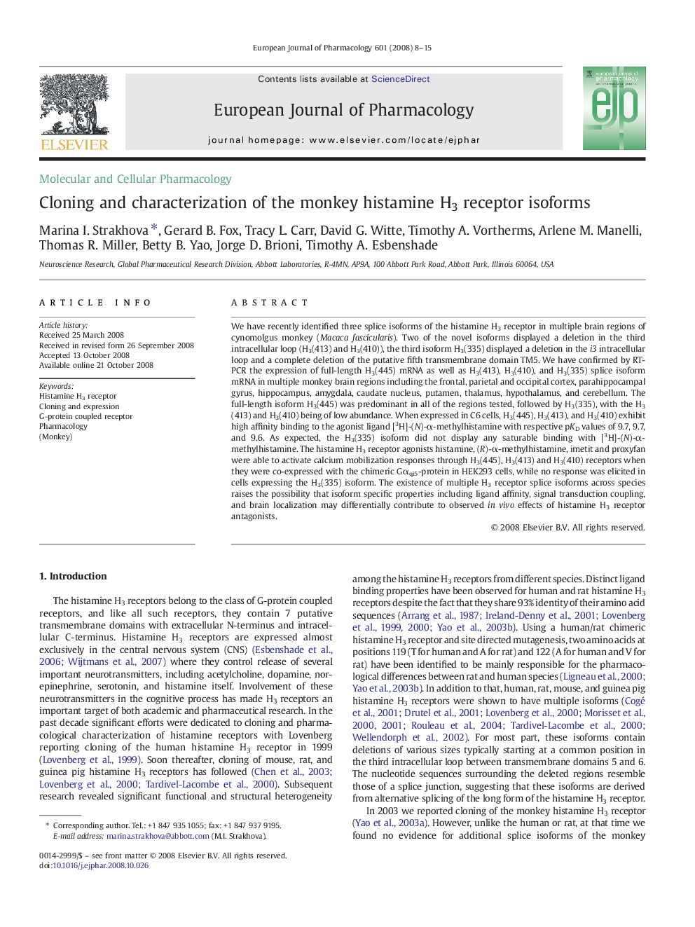 Cloning and characterization of the monkey histamine H3 receptor isoforms