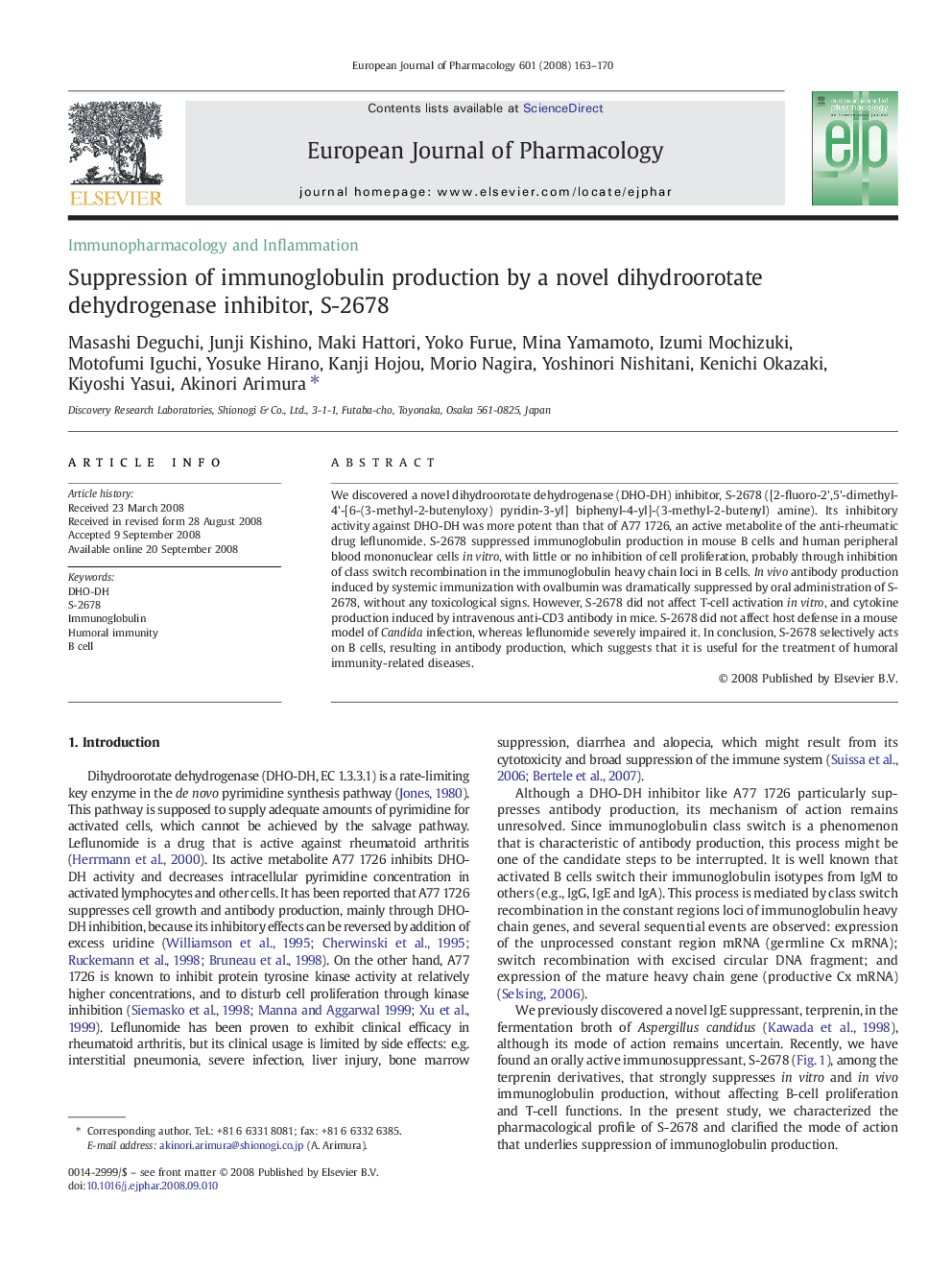 Suppression of immunoglobulin production by a novel dihydroorotate dehydrogenase inhibitor, S-2678