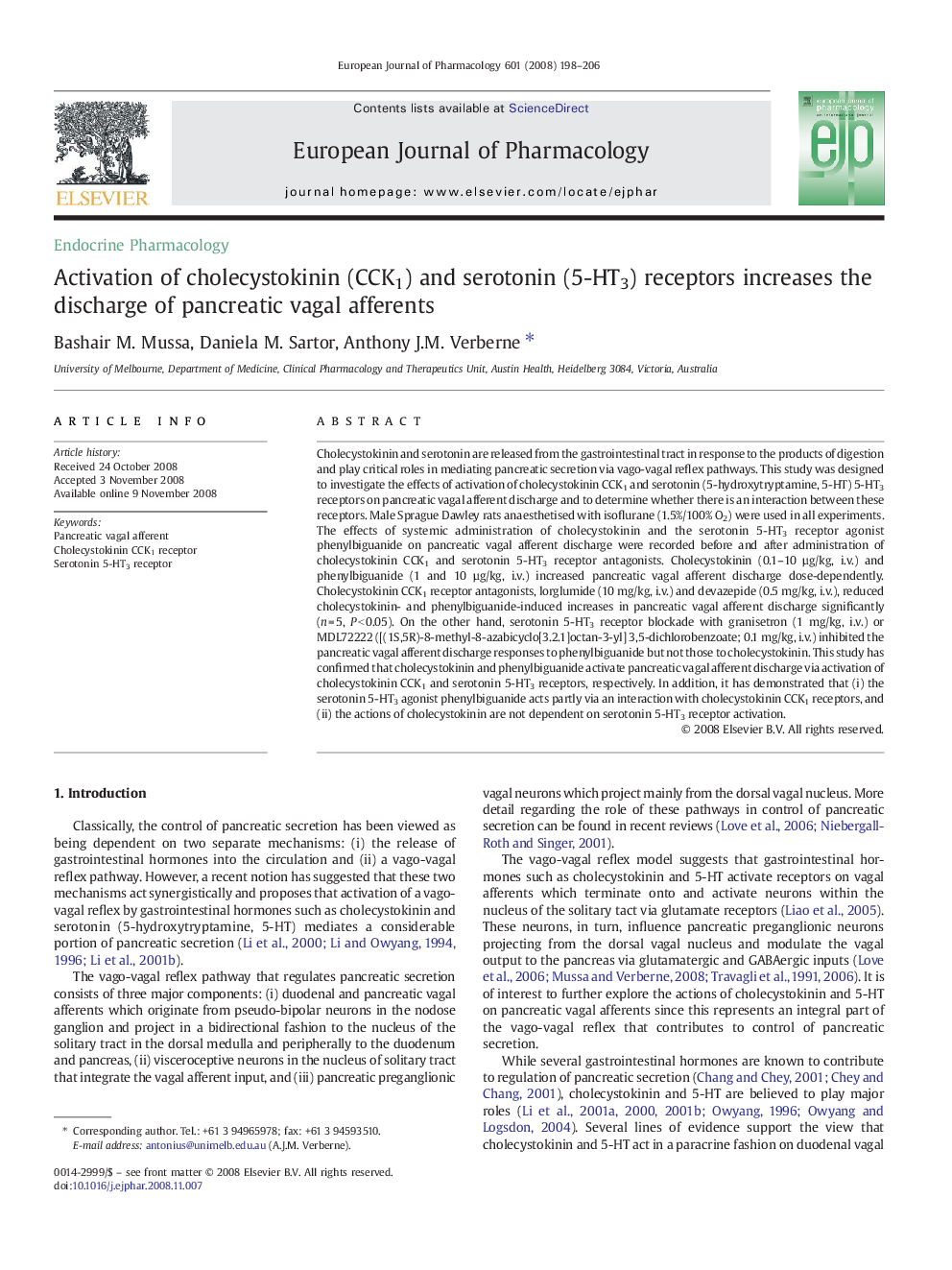 Activation of cholecystokinin (CCK1) and serotonin (5-HT3) receptors increases the discharge of pancreatic vagal afferents