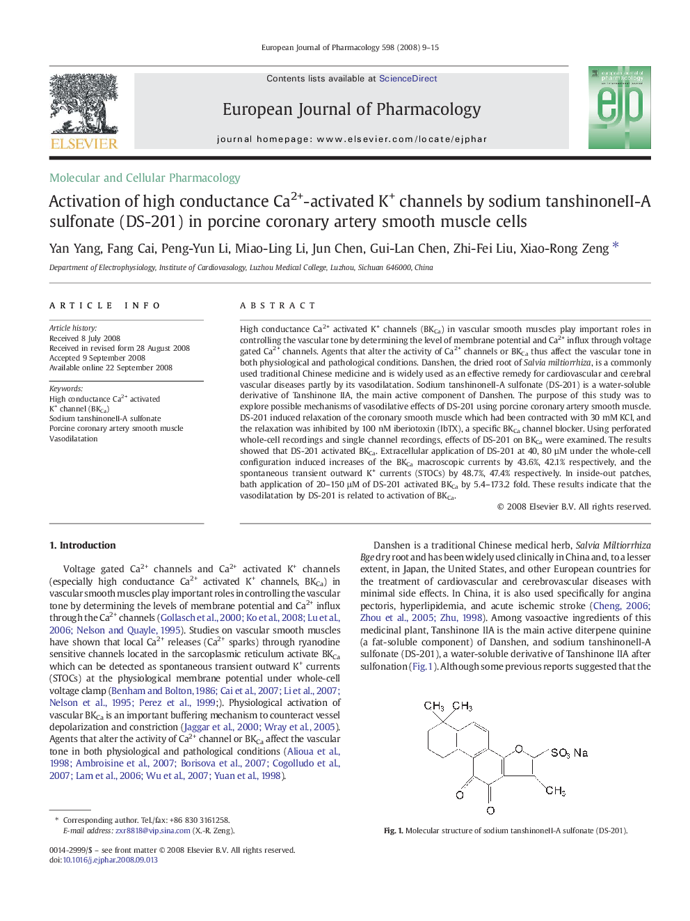 Activation of high conductance Ca2+-activated K+ channels by sodium tanshinoneII-A sulfonate (DS-201) in porcine coronary artery smooth muscle cells