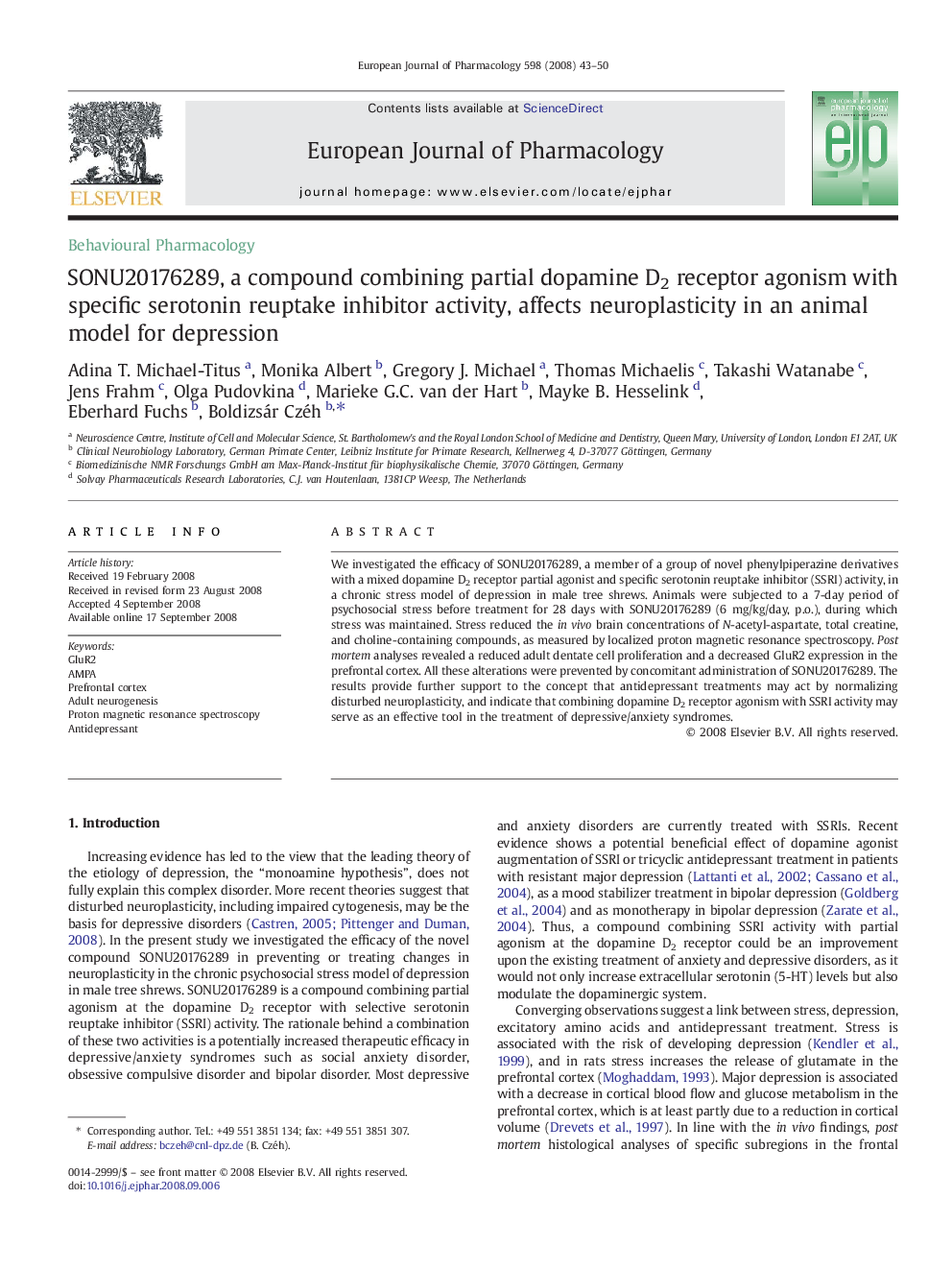 SONU20176289, a compound combining partial dopamine D2 receptor agonism with specific serotonin reuptake inhibitor activity, affects neuroplasticity in an animal model for depression