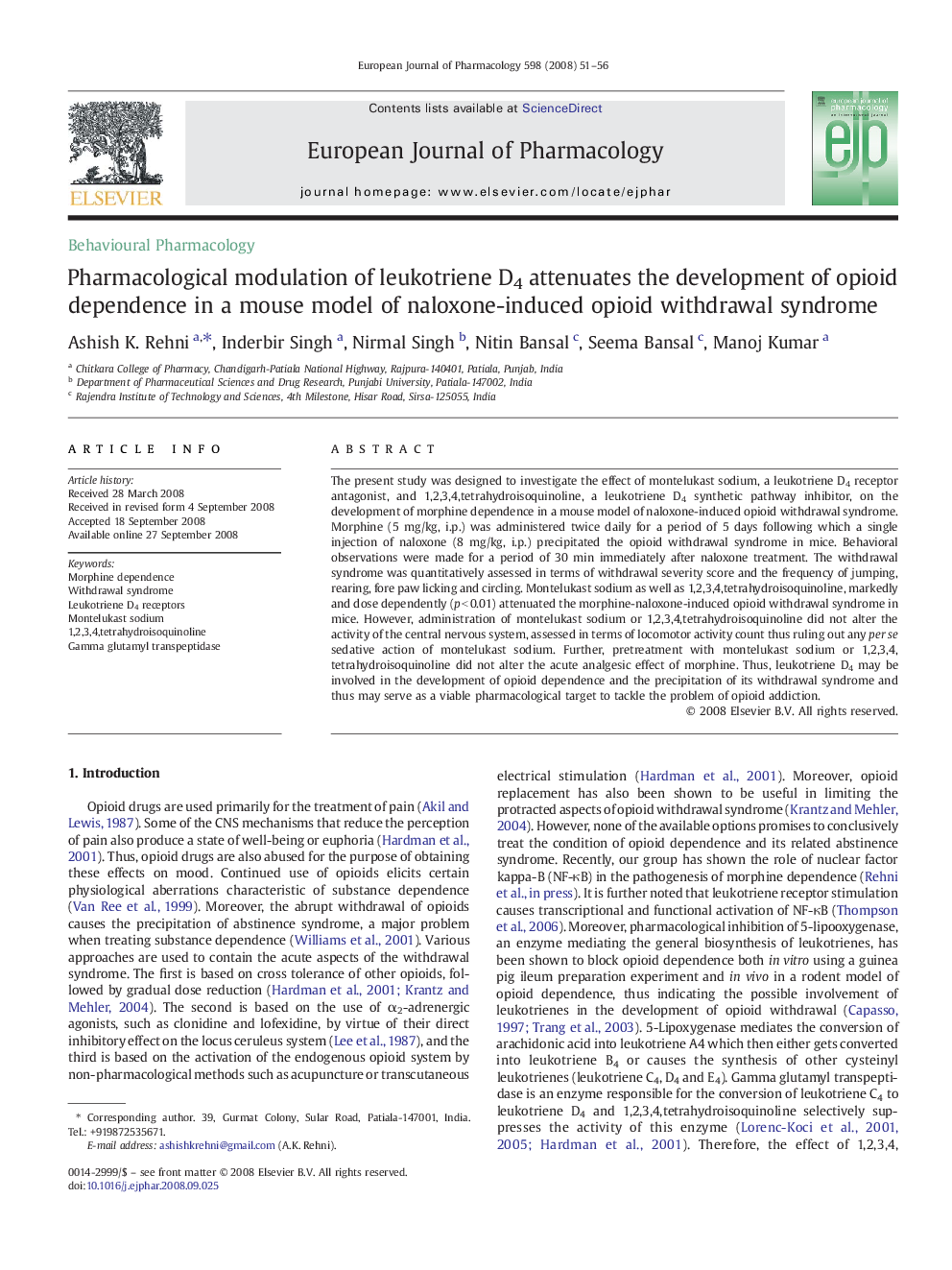 Pharmacological modulation of leukotriene D4 attenuates the development of opioid dependence in a mouse model of naloxone-induced opioid withdrawal syndrome