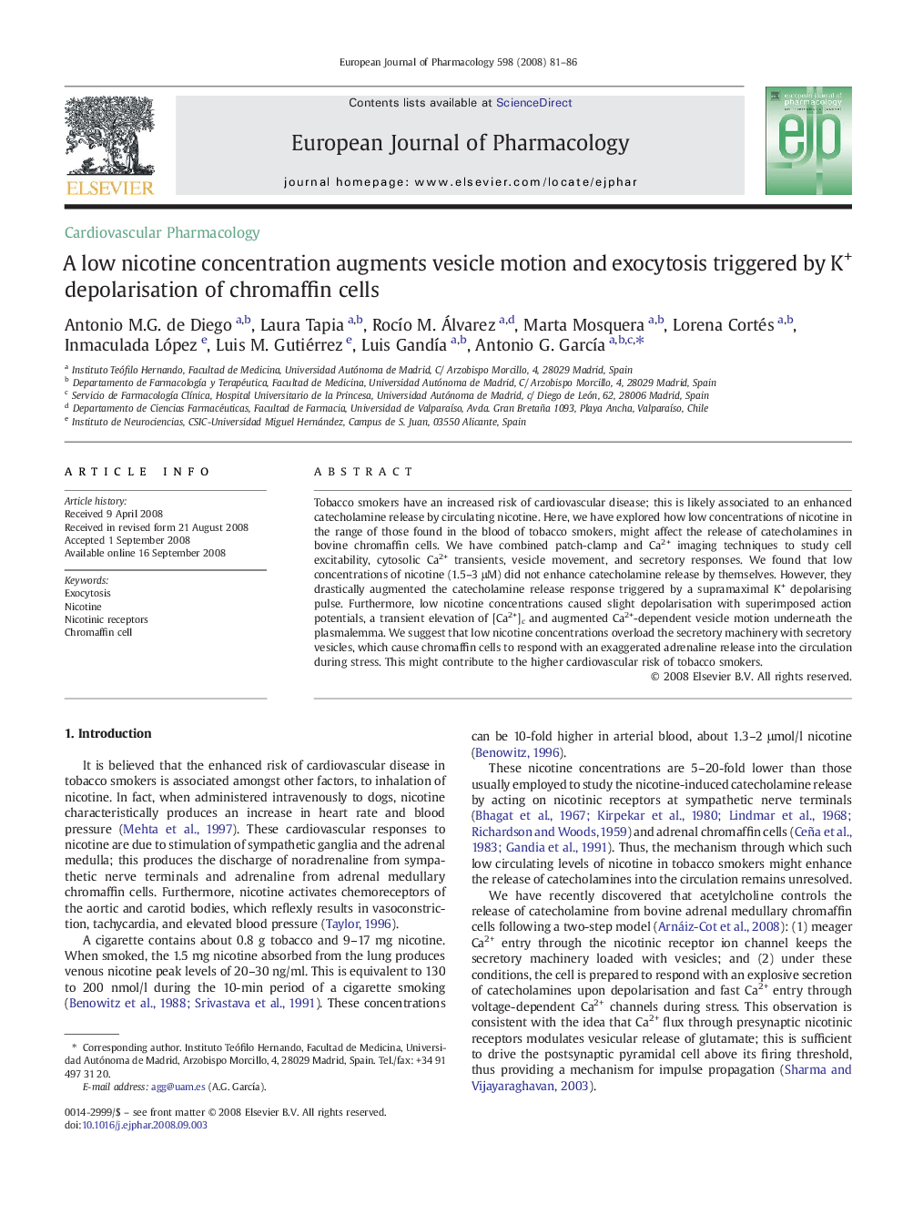 A low nicotine concentration augments vesicle motion and exocytosis triggered by K+ depolarisation of chromaffin cells