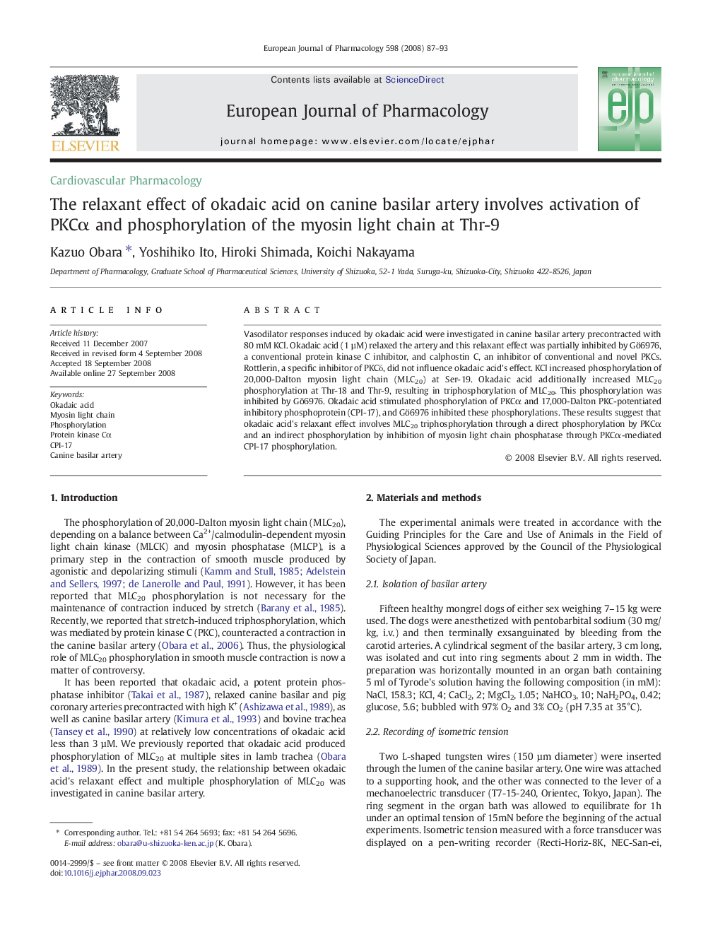 The relaxant effect of okadaic acid on canine basilar artery involves activation of PKCα and phosphorylation of the myosin light chain at Thr-9