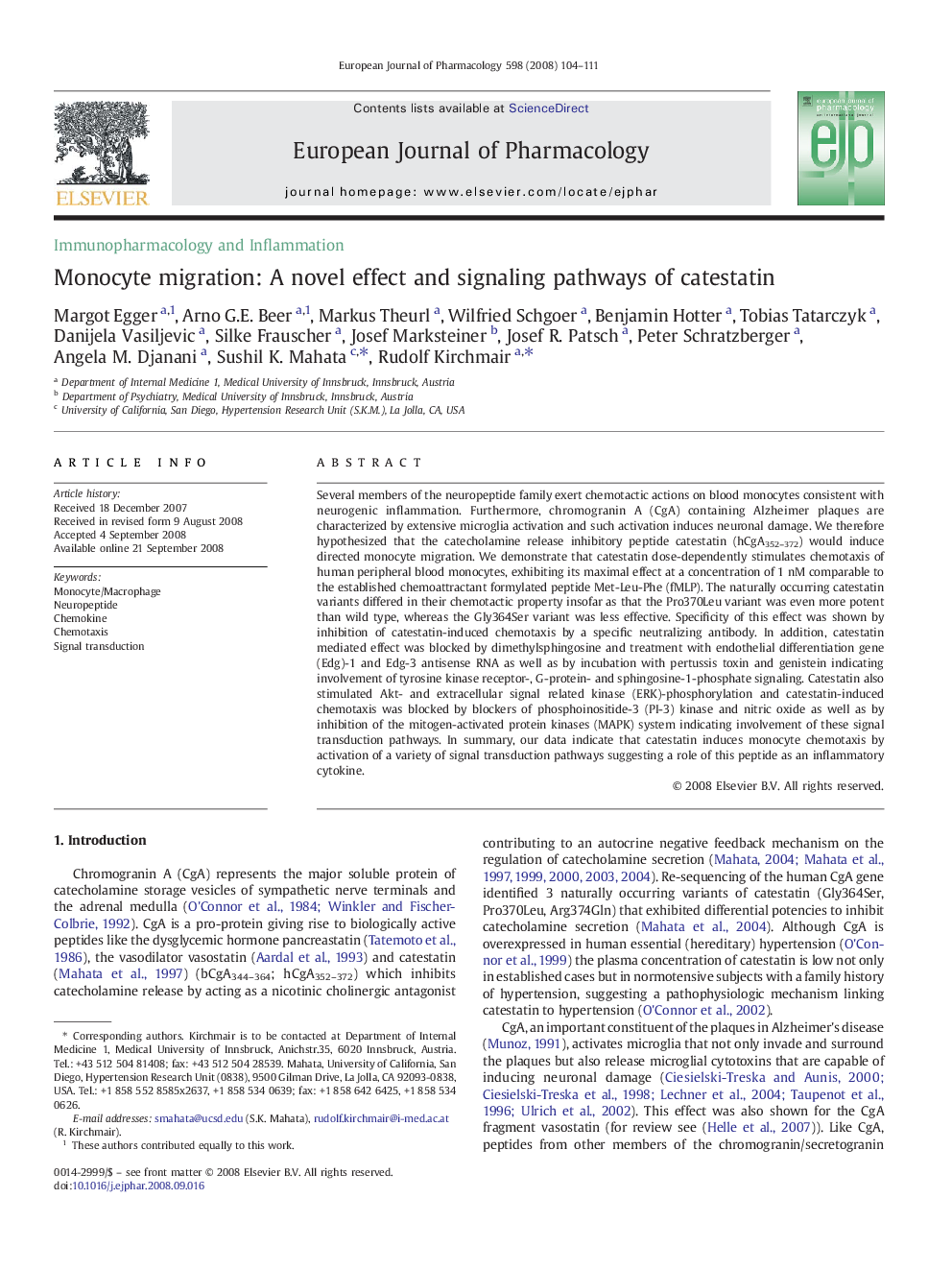 Monocyte migration: A novel effect and signaling pathways of catestatin