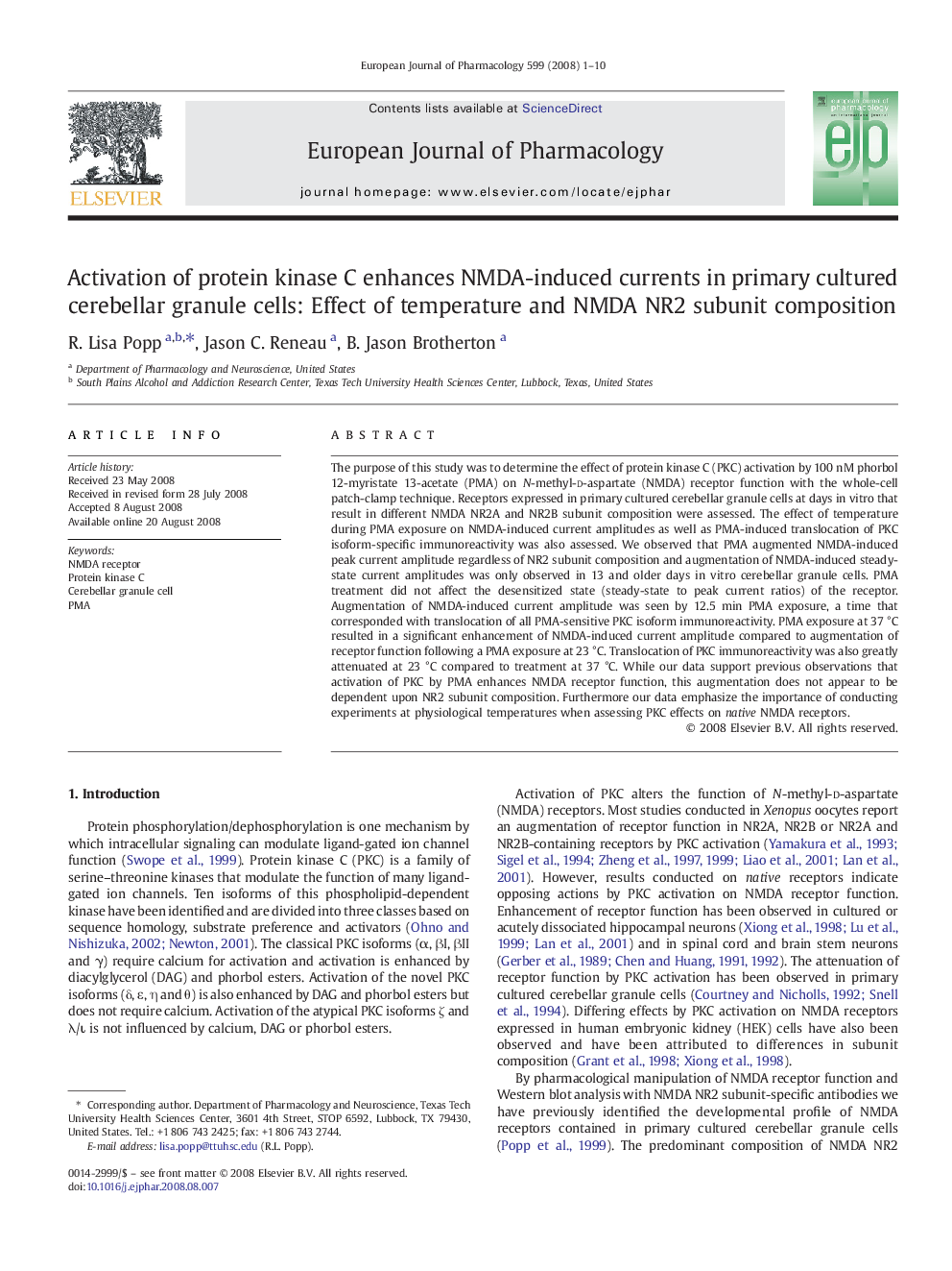 Activation of protein kinase C enhances NMDA-induced currents in primary cultured cerebellar granule cells: Effect of temperature and NMDA NR2 subunit composition