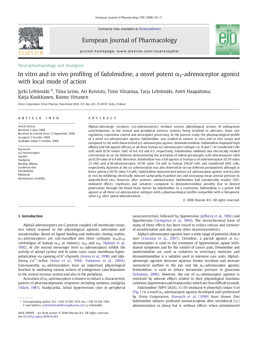 In vitro and in vivo profiling of fadolmidine, a novel potent α2-adrenoceptor agonist with local mode of action