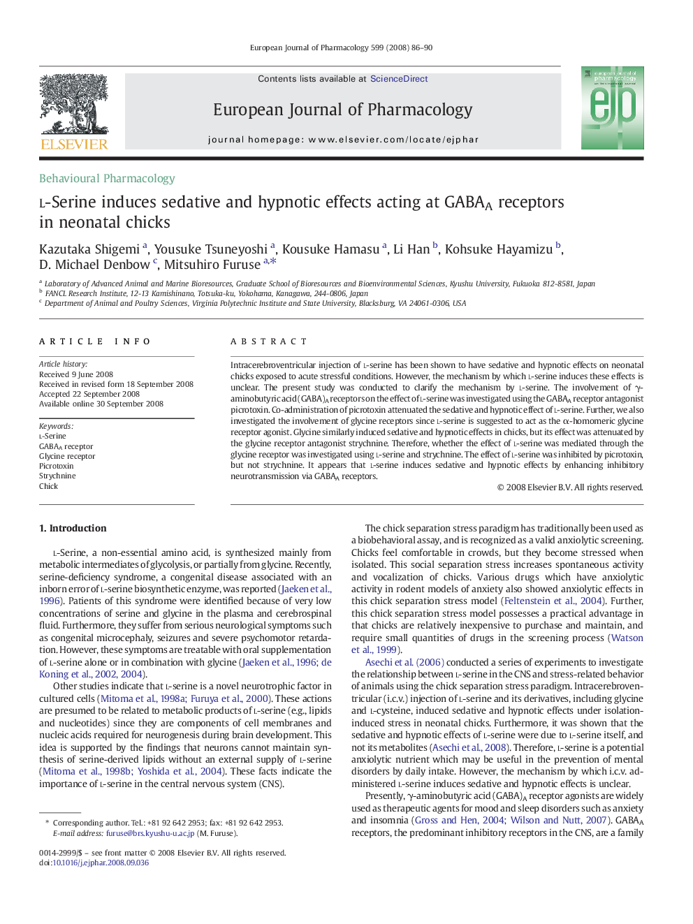 l-Serine induces sedative and hypnotic effects acting at GABAA receptors in neonatal chicks