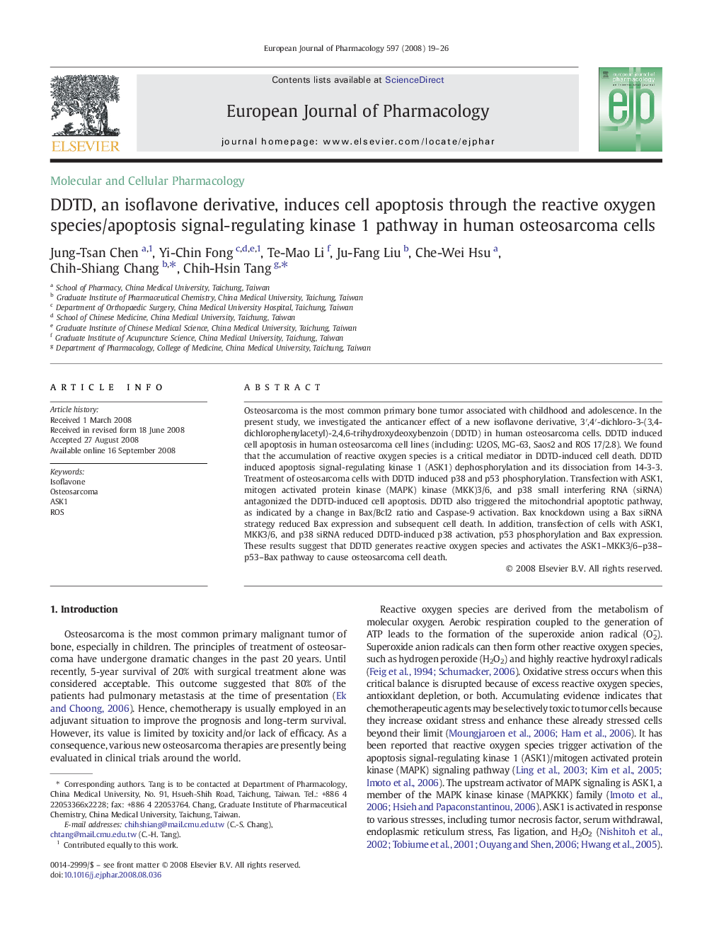 DDTD, an isoflavone derivative, induces cell apoptosis through the reactive oxygen species/apoptosis signal-regulating kinase 1 pathway in human osteosarcoma cells