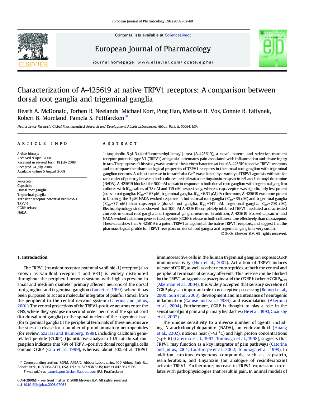 Characterization of A-425619 at native TRPV1 receptors: A comparison between dorsal root ganglia and trigeminal ganglia