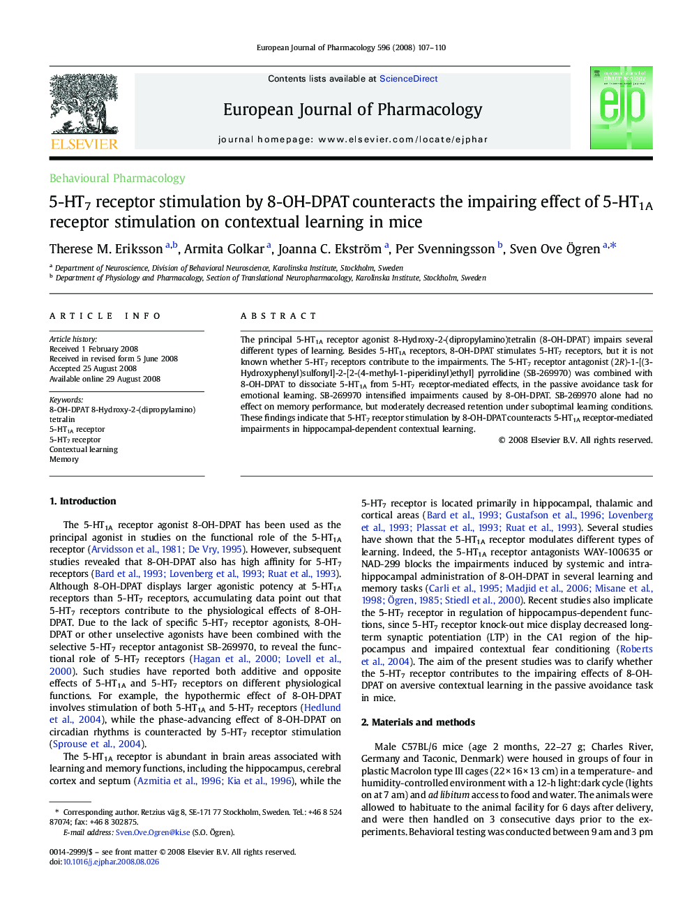 5-HT7 receptor stimulation by 8-OH-DPAT counteracts the impairing effect of 5-HT1A receptor stimulation on contextual learning in mice