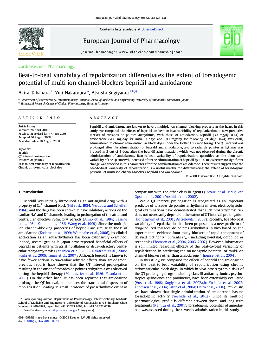 Beat-to-beat variability of repolarization differentiates the extent of torsadogenic potential of multi ion channel-blockers bepridil and amiodarone