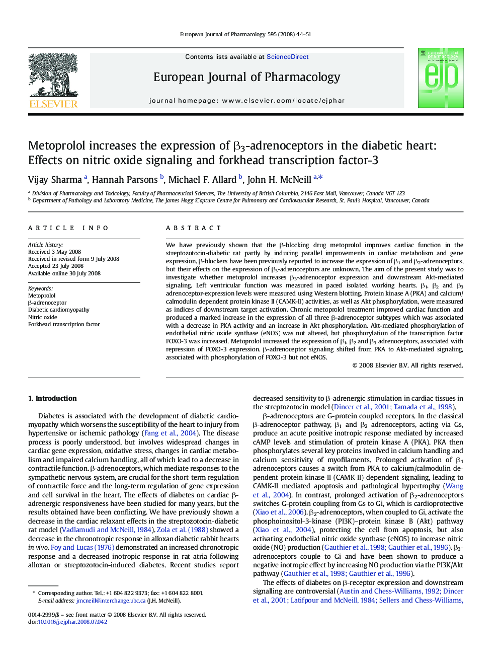 Metoprolol increases the expression of β3-adrenoceptors in the diabetic heart: Effects on nitric oxide signaling and forkhead transcription factor-3