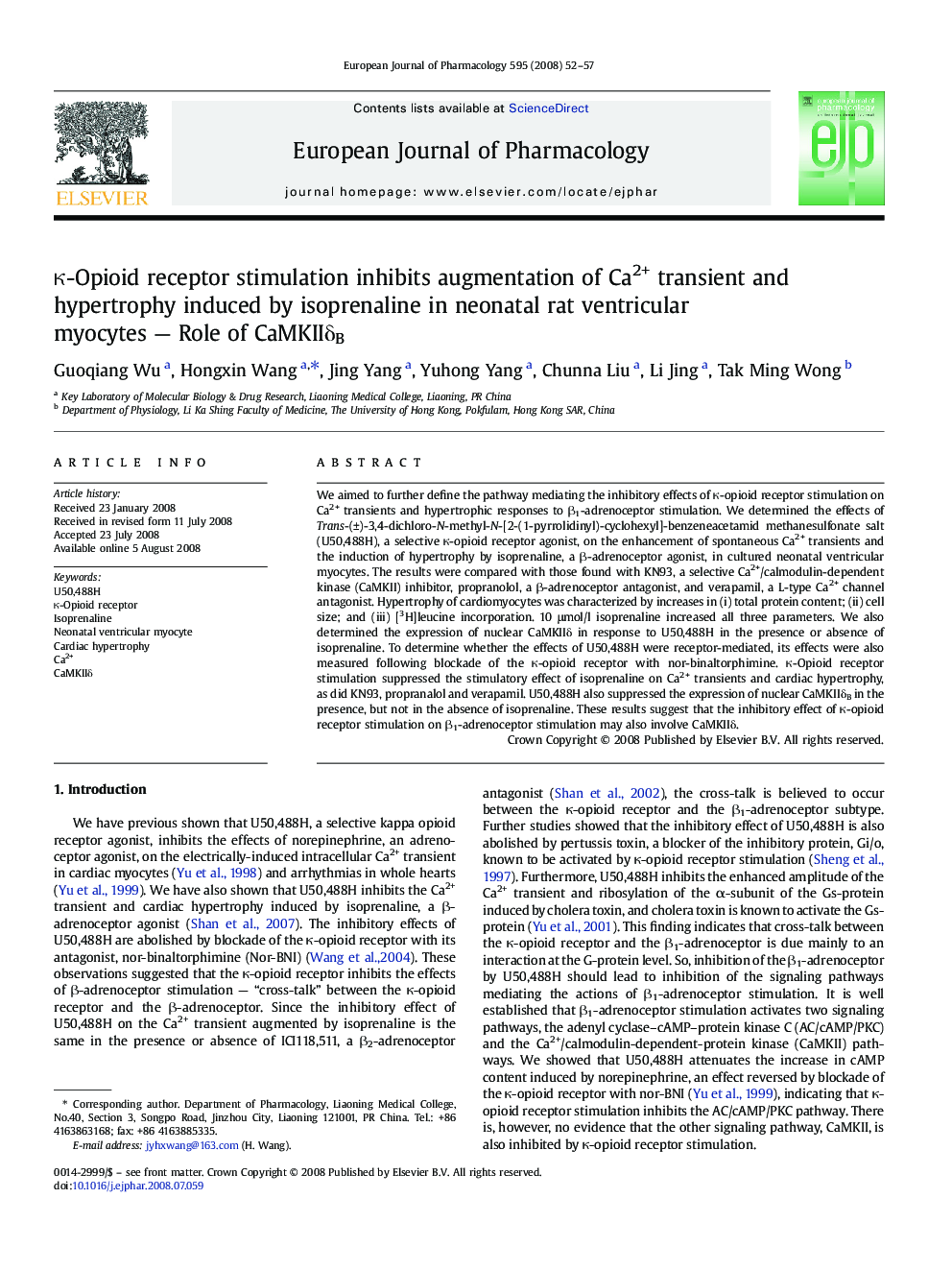 κ-Opioid receptor stimulation inhibits augmentation of Ca2+ transient and hypertrophy induced by isoprenaline in neonatal rat ventricular myocytes — Role of CaMKIIδB