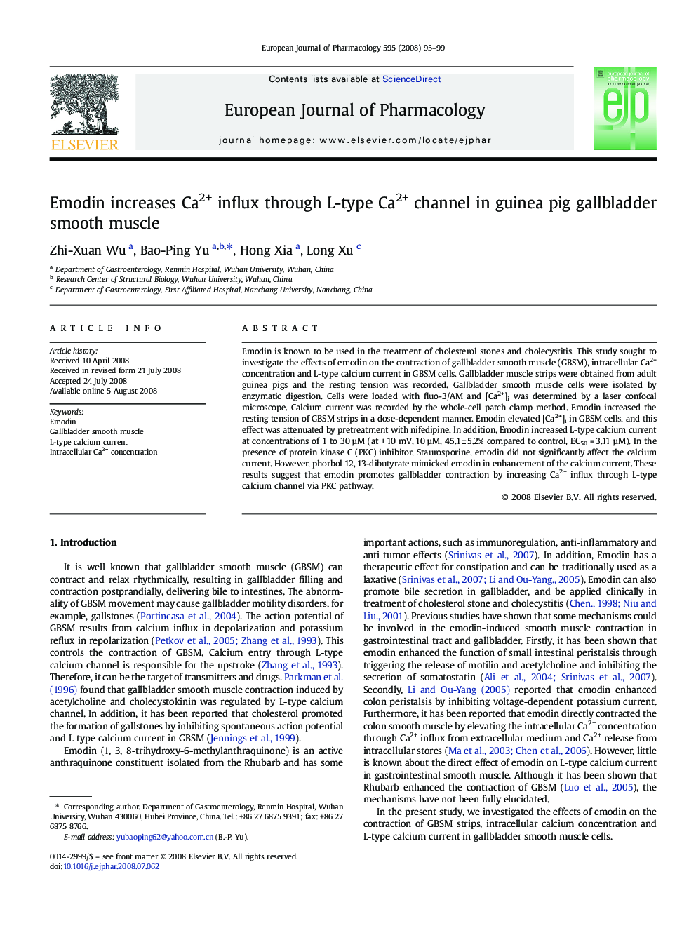 Emodin increases Ca2+ influx through L-type Ca2+ channel in guinea pig gallbladder smooth muscle