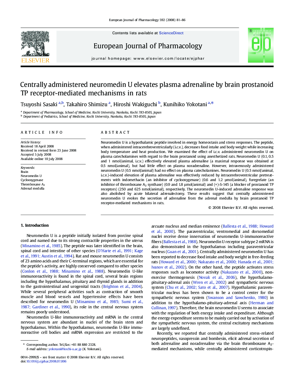 Centrally administered neuromedin U elevates plasma adrenaline by brain prostanoid TP receptor-mediated mechanisms in rats